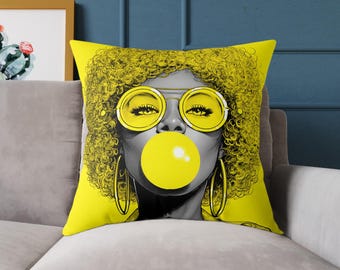 Cojín cuadrado Afro Bubblegum Girl / Cojín amarillo Pop Art