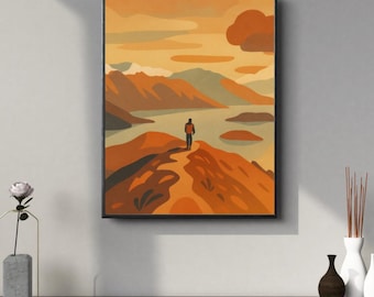 Impression montagne bohème : paysage abstrait de randonneur, tons terre (téléchargement numérique)