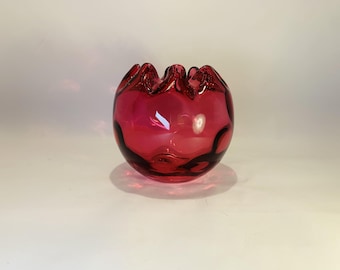 Vintage Fenton Cranberry Glass Rose Bowl, Ruffled Edge and Coin Dot Pattern