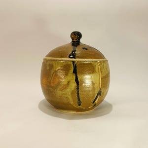May include: A handcrafted ceramic jar with a lid. The jar is round with a brown and olive green glaze, accented by dark brown drips. The lid has a small, rounded knob. The jar is likely used for storage or decoration.