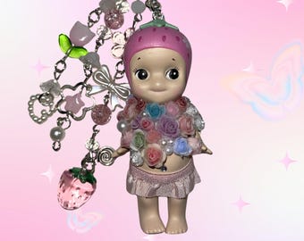 CUSTOM Flower Sonny Angel Keychain- Strawberry Kawaii Figure Charm, Collector Gift, Bag Accessory