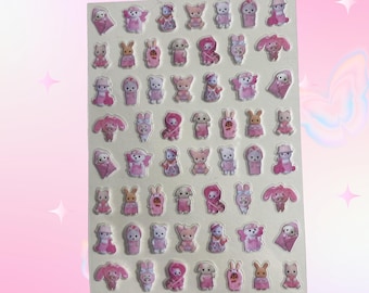 Pink Character Nail Stickers Sheet, Over 45 Kawaii Designs