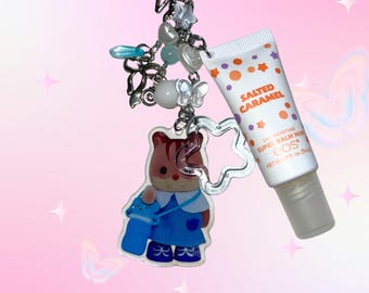 Calico Lip Balm Keychain: EOS Salted Caramel Kawaii Figure Charm, Collector Gift, Bag Accessory