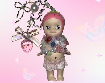 CUSTOM Flower Sonny Angel Keychain- Strawberry Kawaii Figure Charm, Collector Gift, Bag Accessory