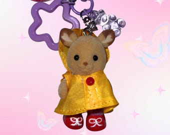 Calico Critter Keychain-Raincoat Babies-Buckley Deer Baby Kawaii Figure Charm, Collector Gift, Bag Accessory