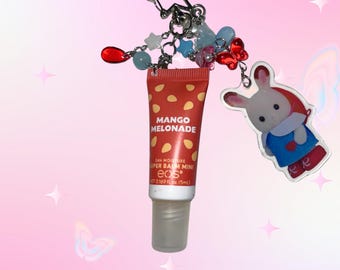 Calico Lip Balm Keychain: EOS Mango Melonade Kawaii Figure Charm, Collector Gift, Bag Accessory