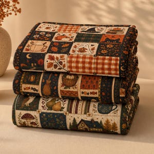 Puede incluir: Una colcha plegada con un diseño de patchwork que presenta ilustraciones de temática otoñal, incluyendo calabazas, fantasmas, sombreros de bruja, setas, búhos y casas en tonos naranja, marrón, negro y crema, con una textura acolchada en toda la tela.