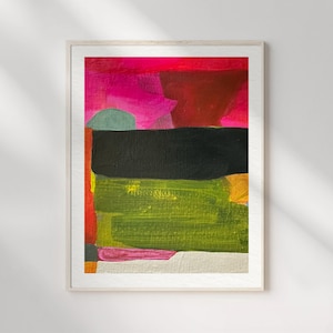 May include: An abstract painting in a light-colored frame featuring bold horizontal blocks of color including vibrant magenta, deep black, olive green, and a muted off-white base. The composition displays visible brushstrokes and layered paint textures.