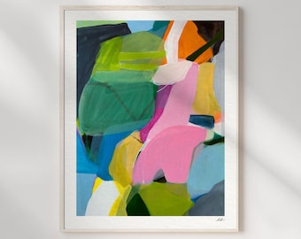 May include: An abstract painting featuring bold, layered shapes in vibrant colors including bright pink, lime green, deep blue, yellow, and orange. The composition uses thick, visible brushstrokes and organic forms within a white frame.