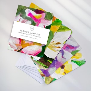 Lot de 5 cartes de voeux florales originales, ensemble de notes botaniques abstraites avec des motifs floraux colorés originaux vierges à l'intérieur pour toutes les occasions