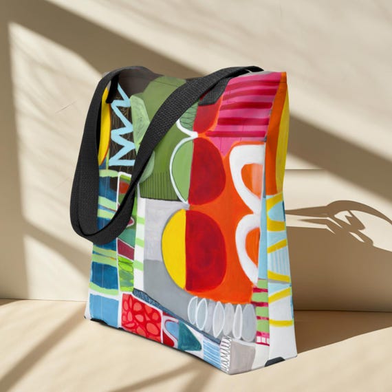 カラフルなアートトートバッグ：大胆な幾何学模様プリント、オリジナル