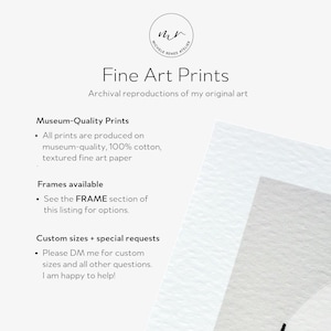The image is a list of fine art prints, including museum-quality prints and frames available. The text provides information about the types of art prints and their availability, as well as instructions for customizing the sizes and asking for help from the artist.