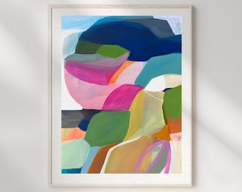 May include: A framed abstract painting featuring layered organic shapes in a vibrant palette of deep blue, bright pink, lime green, mustard yellow, and soft orange. The composition uses bold, sweeping brushstrokes to create a dynamic, colorful landscape.