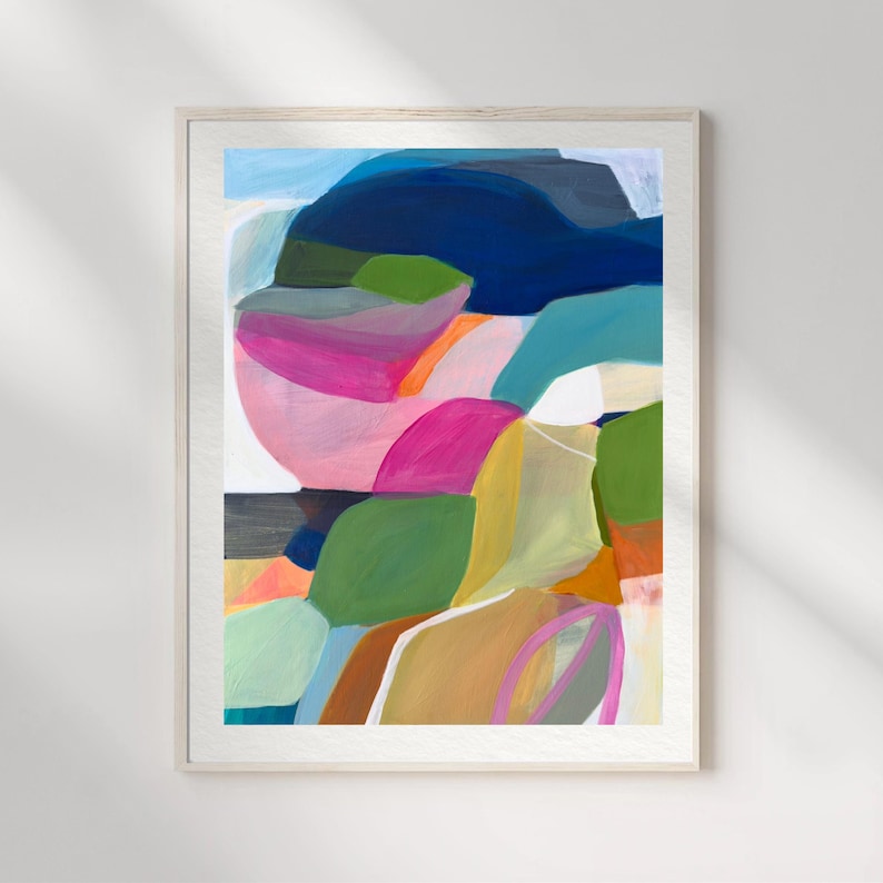 The image is a vibrant abstract painting featuring a variety of bold, colorful shapes and forms.