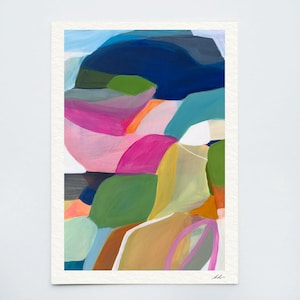 The image is an abstract painting with a variety of colors and shapes, including shades of blue, pink, green, and orange. The painting appears to be a vibrant and dynamic composition, with a mix of organic and geometric forms.