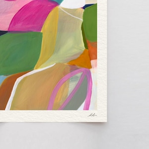 The image is an abstract painting with a vibrant mix of colors and shapes, including shades of pink, green, yellow, and orange.