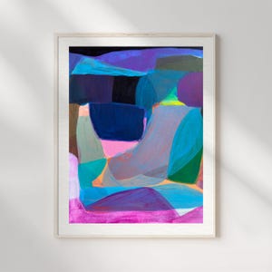 May include: An abstract painting in a light-colored frame featuring layered geometric shapes in vibrant shades of blue, purple, pink, green, and black. The composition displays overlapping color blocks with visible brushstrokes and varied opacity.