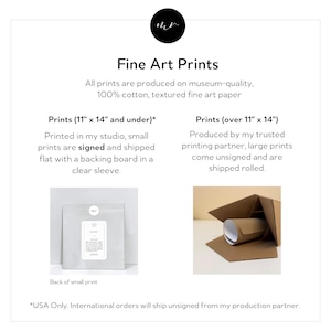 The image is a collection of two images, one of a small print and one of a cardboard roll, both of which are produced on museum-quality, 100% cotton, textured fine art paper.