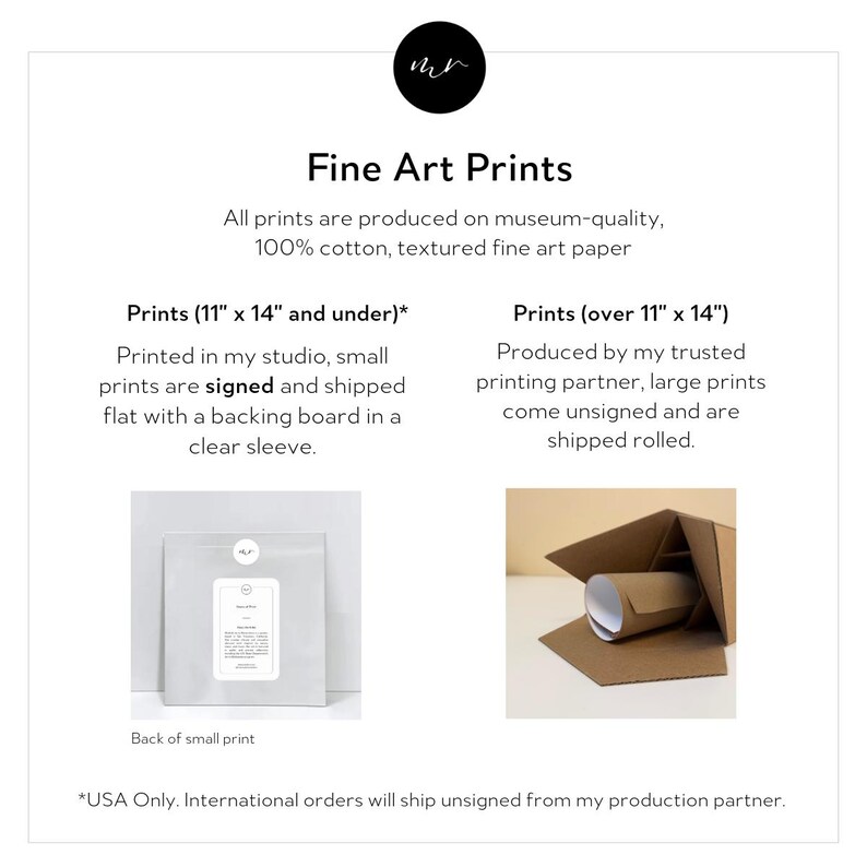 The image is a collection of two images, one of a small print and one of a cardboard roll, both of which are produced on museum-quality, 100% cotton, textured fine art paper.