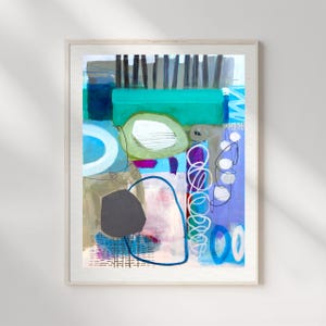 May include: An abstract painting featuring a vibrant composition of teal, blue, purple, and gray shapes. The artwork includes vertical black lines, white circular scribbles, and solid geometric forms layered over a light pink and blue background.