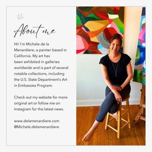 The image is a collage featuring a woman sitting on a stool in an art studio, with a colorful abstract painting on the wall behind her. The text provides information about the artist, Michele de la Menardiere, and her background as a painter based in California.