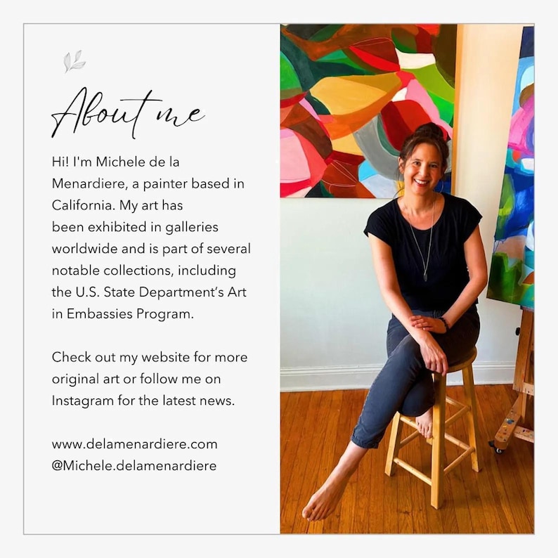 The image is a collage featuring a woman sitting on a stool in an art studio, with a colorful abstract painting on the wall behind her. The text provides information about the artist, Michele de la Menardiere, and her background as a painter based in California.