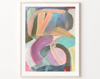May include: An abstract painting in a light-colored frame featuring layered brushstrokes in shades of peach, magenta, turquoise, dark gray, and cream. The composition consists of curved and overlapping shapes that create a sense of depth and movement.