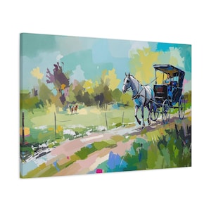 Horse and Buggy 17 Century Print, Stretched Matte Painting, Historic Rustic Decor, Vintage Artwork, Country
