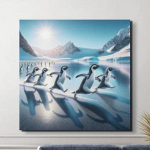 Lienzo grande: Pingüinos caminando sobre hielo, decoración de pared grande, póster de animales árticos, foto de vida silvestre, decoración de escena antártica, lienzo mate