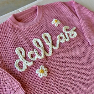 Flower Baby Name Sweater|Customized Baby Gift|Hand-Embroidered Toddler Sweater|Customized Over-sized Knit Sweater|Baby Arrival Sweater
