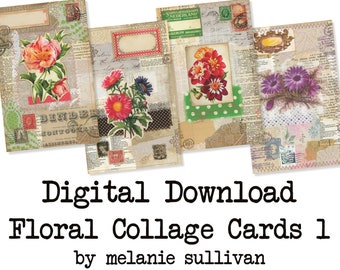 Digital Download: Floral Collage Cards 1 - Set of Four Journaling Cards
