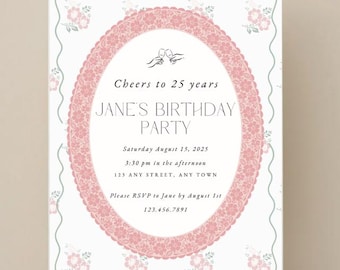 Editable Birthday Invitation | Vintage Pink Floral Instant Download | Elegant Birthday Party Template | Printable Invite | Canva Invite