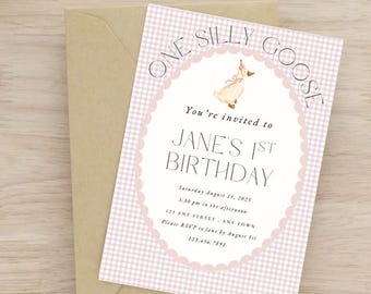 One Silly Goose Invitation Template, First Birthday Template Canva Goose Invite Template, Silly Goose Invitation For Girl Birthday, Editable