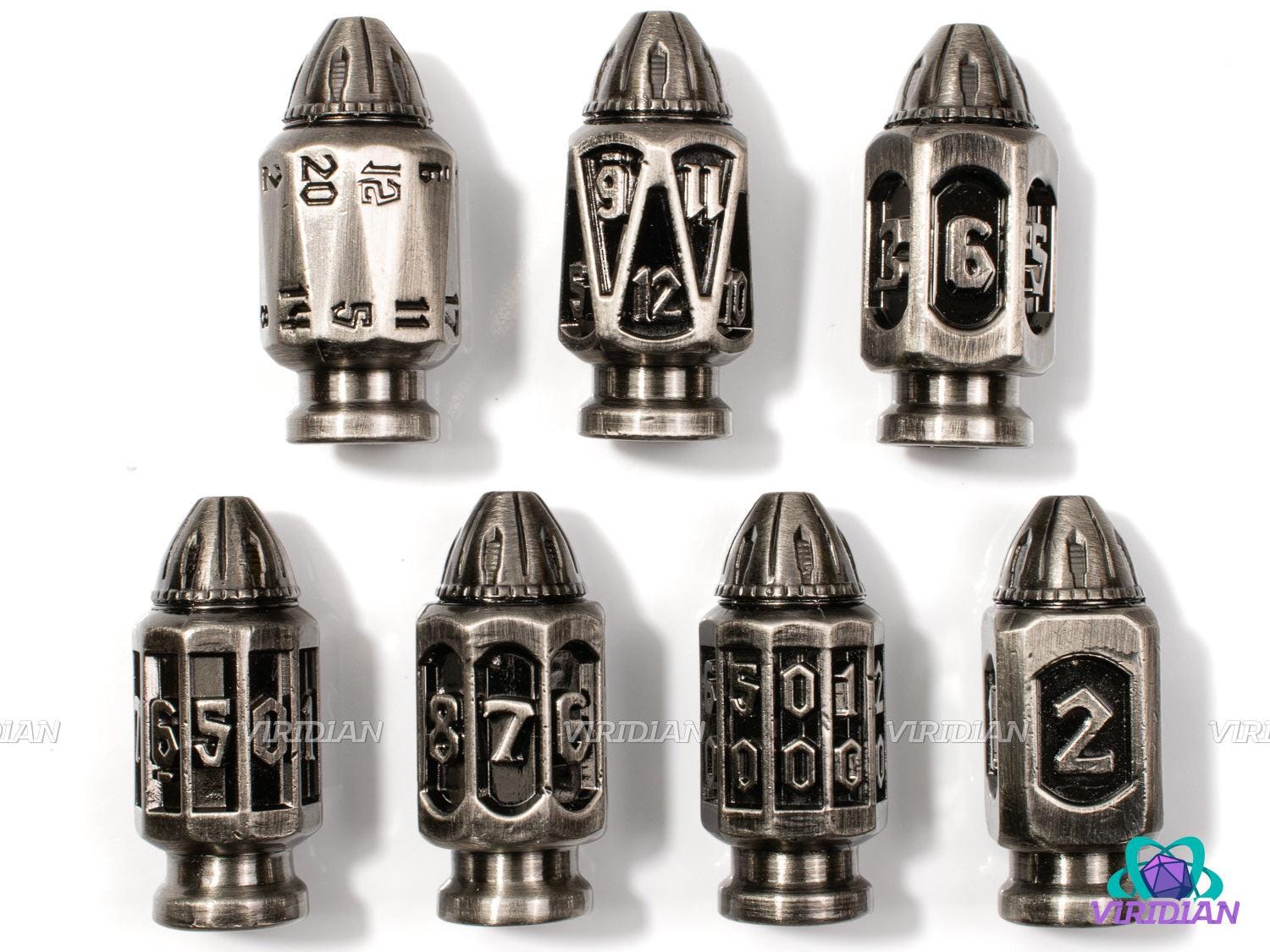 Six Shooter (Silver Bullet) | Six-Shooter Brushed Silver Round Bullet Ornate Shape | Metal Dice Set (7)