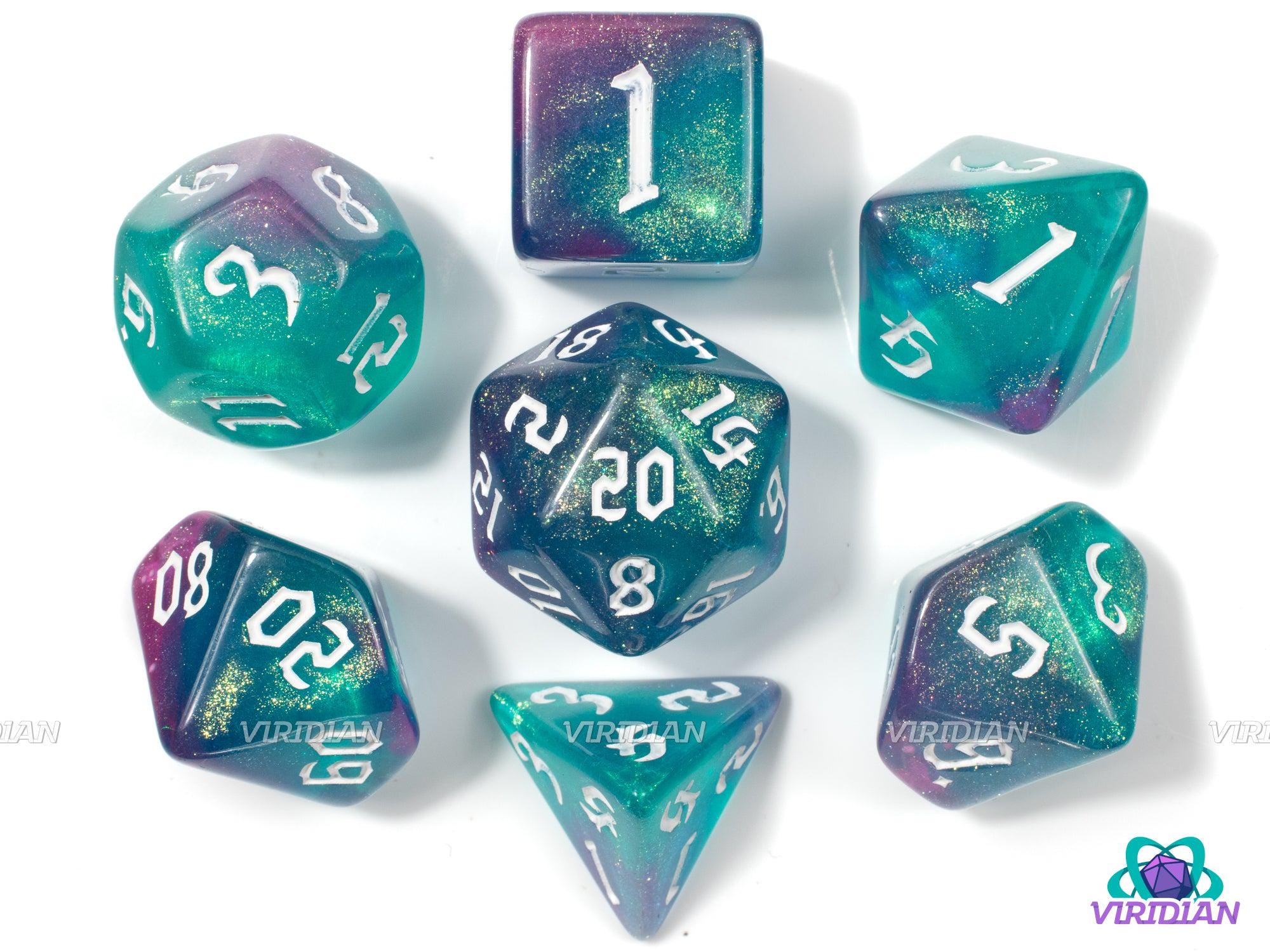 Techno Arcana | Green, Purple & Gold Glitter | Acrylic Dice Set (7)