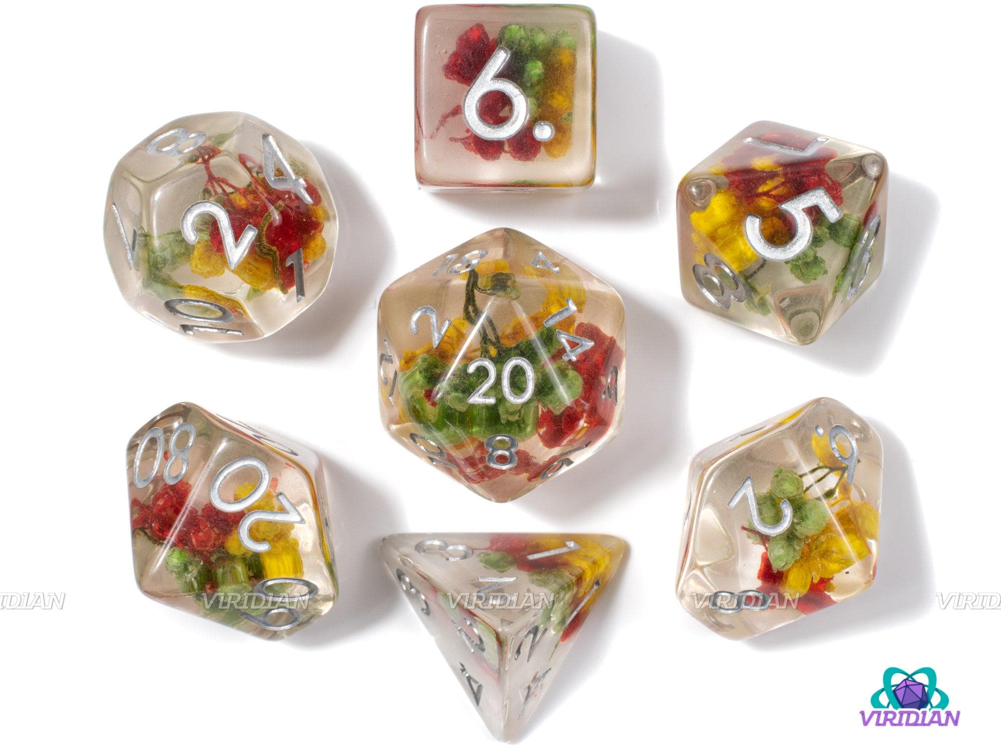 Tri-Flower Frond | Red, Yellow, Green Petals Inside Clear Resin Dice Set (7) | Dungeons and Dragons (DnD)