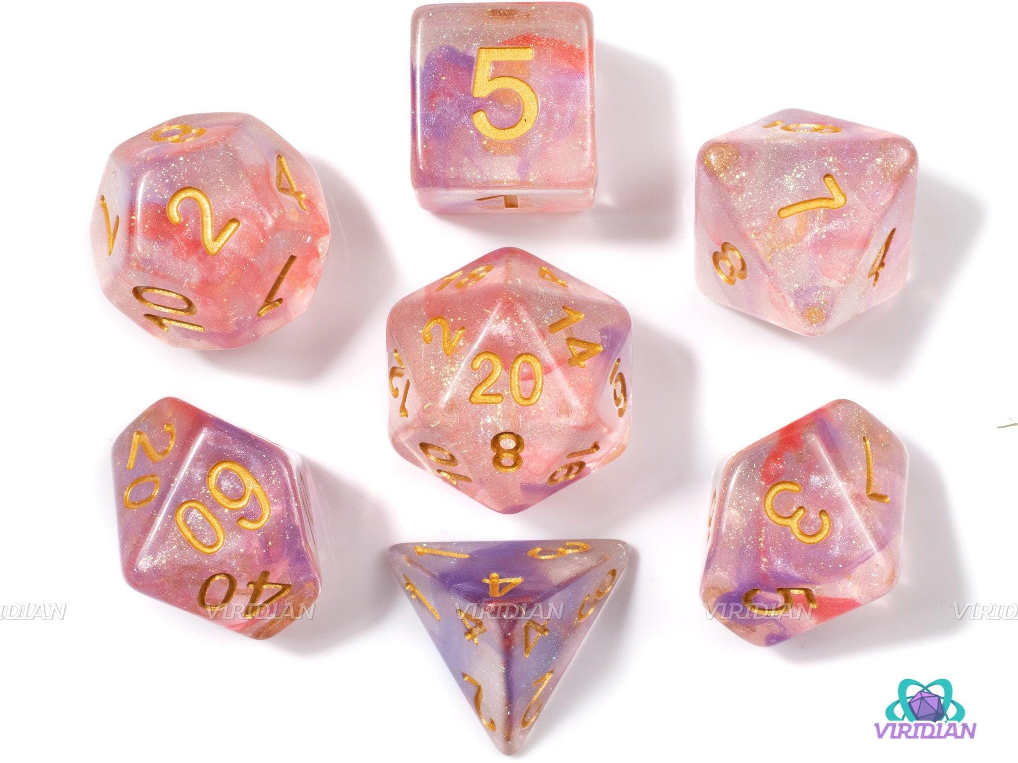 Juego de dados acrílicos iridiscentes de color rosa y morado/fuego de hadas (7)