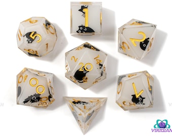 Into The Void | Black Cat Dice, Smokey White, Cow, Gold Ink, Sharp Edge | Resin Dice Set (7)