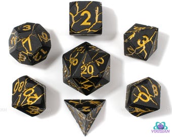 Liquid Gold | Matte Black Lightning Bolt Gold Cracks Large Metal Dice Set (7) | Dungeons and Dragons (DnD) | Tabletop RPG Gaming