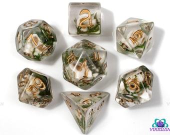 Cursed Crew | Skulls, Bones, Green-Black Moss, Clear-Transparent | Resin Dice Set (7)