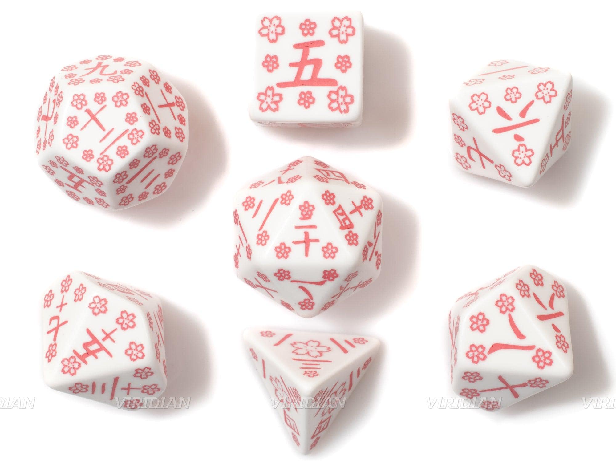 Cherry Blossom Petals | White & Pink Kanji Japanese Design | Q Workshop | Acrylic Dice Set (7)