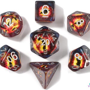Barad-dûr | Eye of Sauron | Red and Yellow Demonic Eye, Brown Translucent | Resin Dice Set (7)