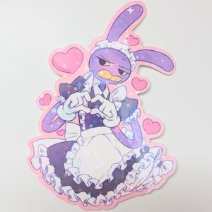 Può includere: Un adesivo raffigurante un personaggio di coniglio viola in abito da cameriera, con un'espressione severa e che forma un cuore con le mani. Cuori rosa circondano il personaggio, con un bordo rosa.