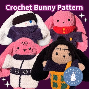 May include: Four plush crochet bunny dolls with distinct outfits and features. The text Crochet Bunny Pattern is at the top. One bunny wears a black headband, another has a red scarf, one has a white robe with black trim, and one has a black wig.