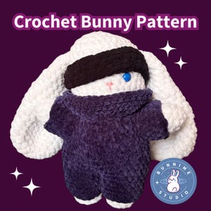 May include: A white plush crochet bunny wearing a dark purple sweater and a black headband. The text Crochet Bunny Pattern appears at the top, and a circular logo with a bunny icon and the text BUNNIME STUDIO is in the bottom right corner.