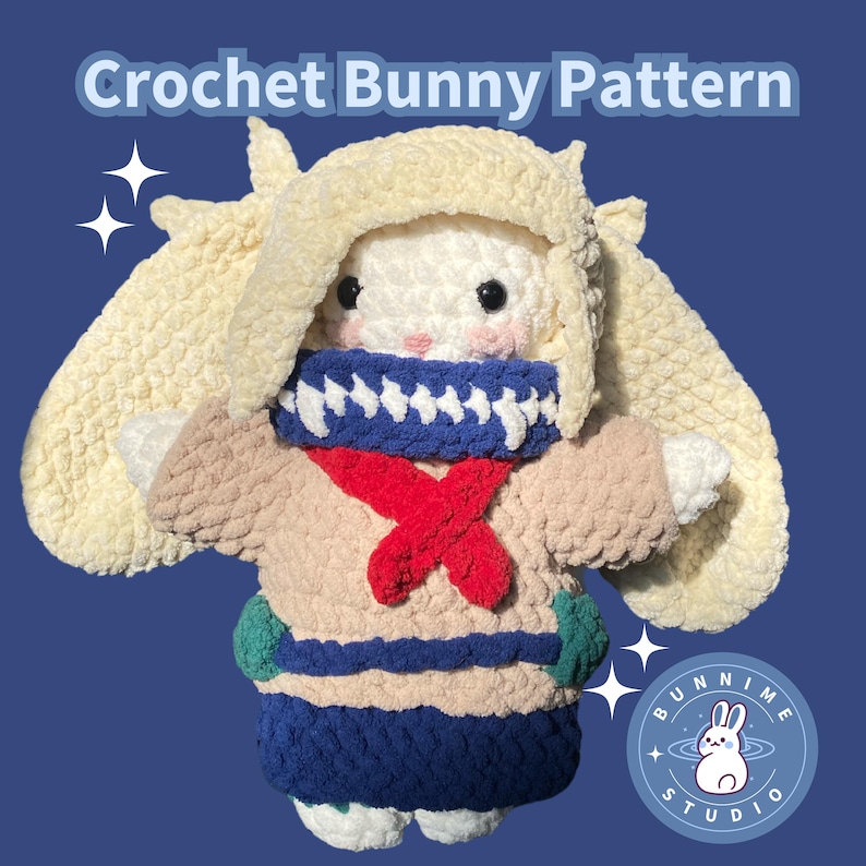 May include: A handcrafted crochet bunny doll with a cream-coloured hood and long ears. The bunny is wearing a blue and white scarf, a red cross-shaped design, and a blue and tan outfit. The text "Crochet Bunny Pattern" is at the top.