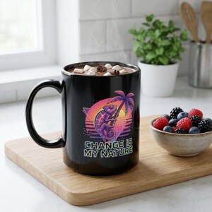 Synthwave Chameleon Change Is My Nature Mug, 80s Retro Reptile Coffee Cup