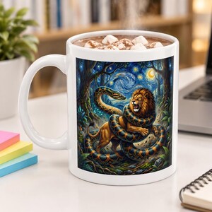 Epic Lion vs Python Battle Mug, Van Gogh Starry Night Jungle Mug, Wildlife Fantasy Coffee Mug Gift, Wildlife Animal