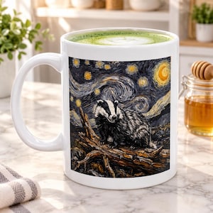 May include: A white ceramic mug featuring a printed illustration of a badger perched on a fallen log against a swirling, starry night sky background with a prominent yellow crescent moon, rendered in a textured, painterly art style.