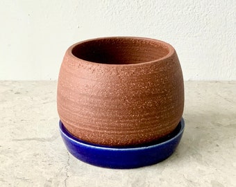 Blue - terracotta pot planter with drainage and plate